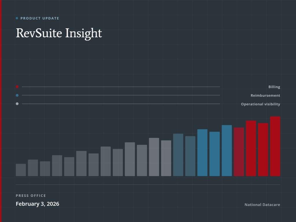 RevSuite Insight product update graphic with a rising chart for billing, reimbursement, and operational visibility